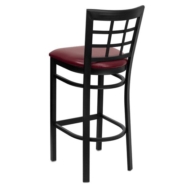 Burgundy Vinyl Seat/Black Metal Frame |#| Black Window Back Metal Restaurant Barstool - Burgundy Vinyl Seat