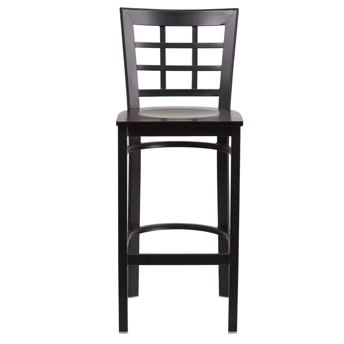 Walnut Wood Seat/Black Metal Frame |#| Black Window Back Metal Restaurant Barstool - Walnut Wood Seat