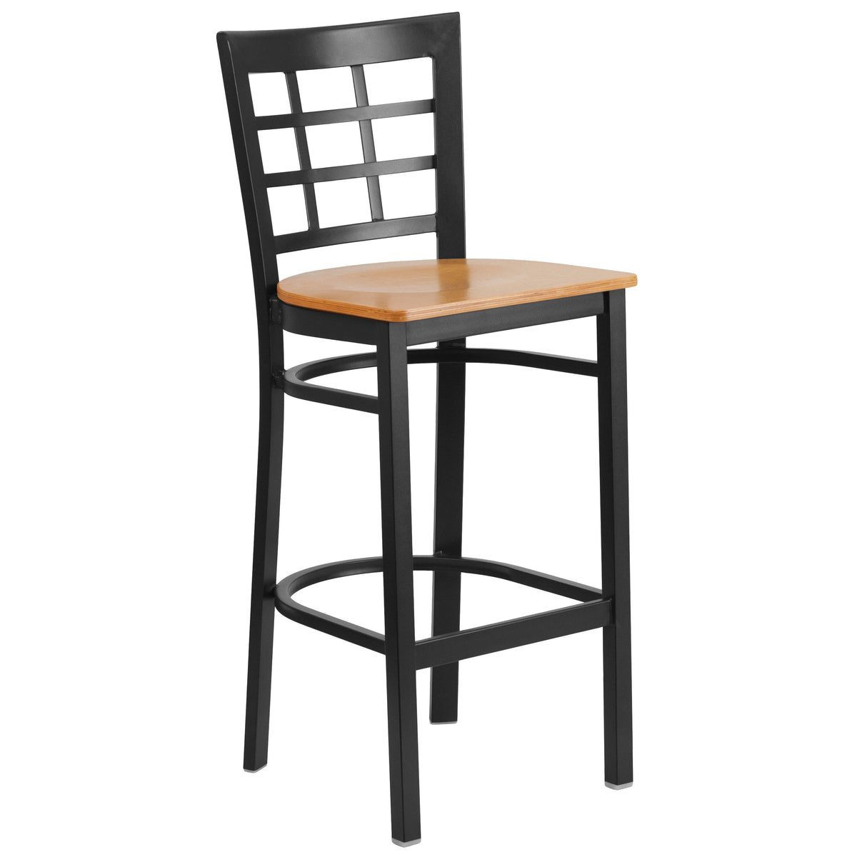 Natural Wood Seat/Black Metal Frame |#| Black Window Back Metal Restaurant Barstool - Natural Wood Seat