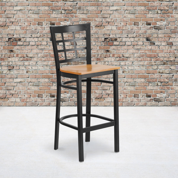 Natural Wood Seat/Black Metal Frame |#| Black Window Back Metal Restaurant Barstool - Natural Wood Seat