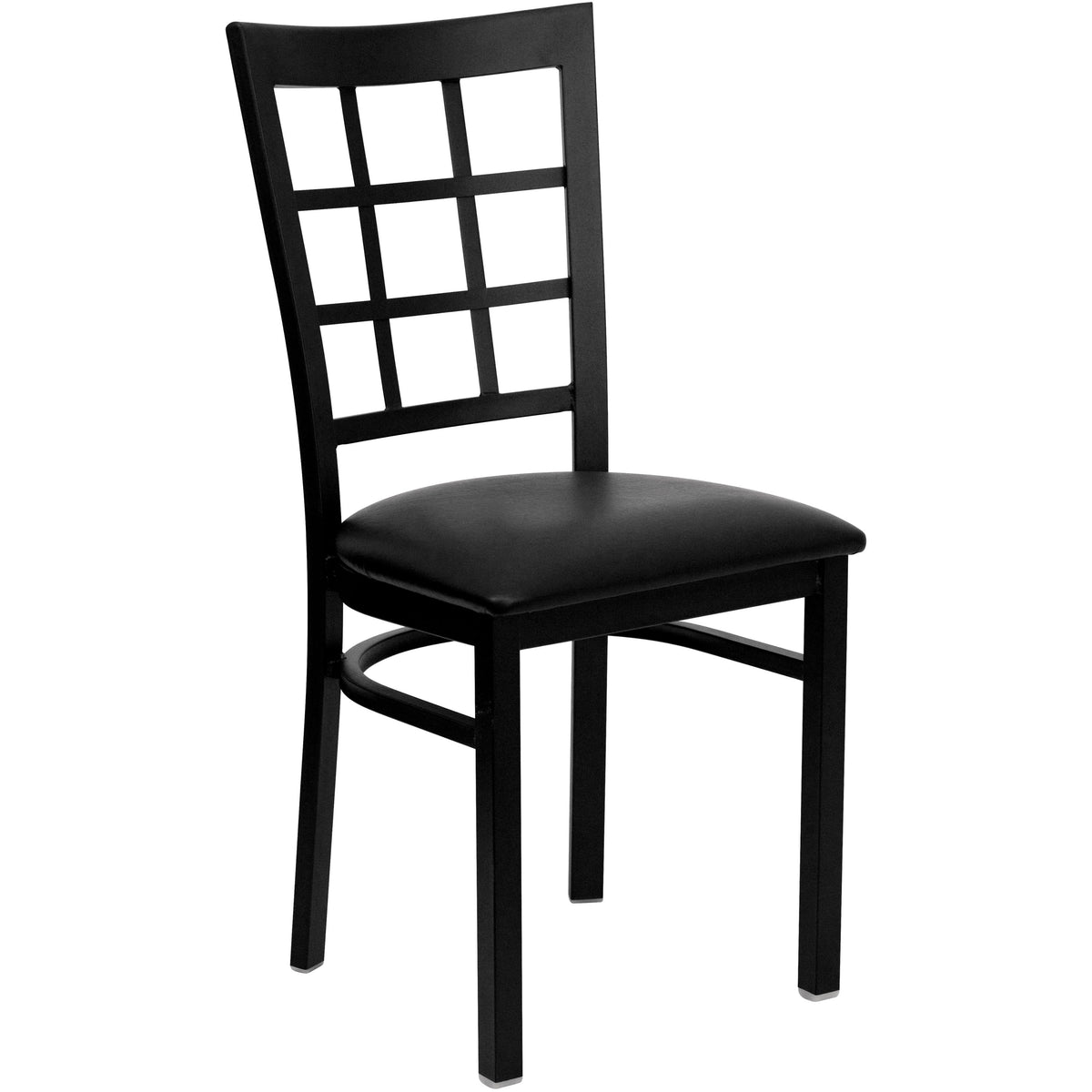 Black Vinyl Seat/Black Metal Frame |#| Black Window Back Metal Restaurant Chair - Black Vinyl Seat