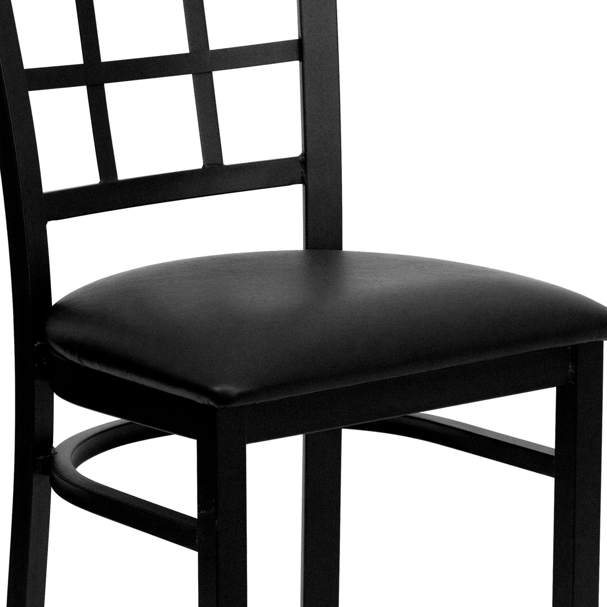 Black Vinyl Seat/Black Metal Frame |#| Black Window Back Metal Restaurant Chair - Black Vinyl Seat