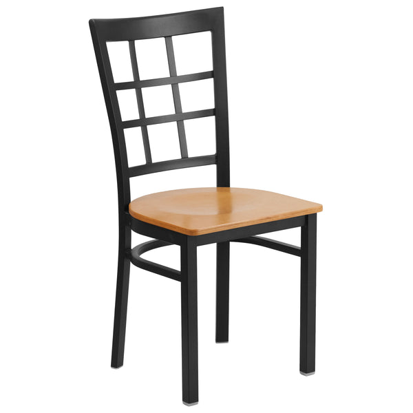 Natural Wood Seat/Black Metal Frame |#| Black Window Back Metal Restaurant Chair - Natural Wood Seat