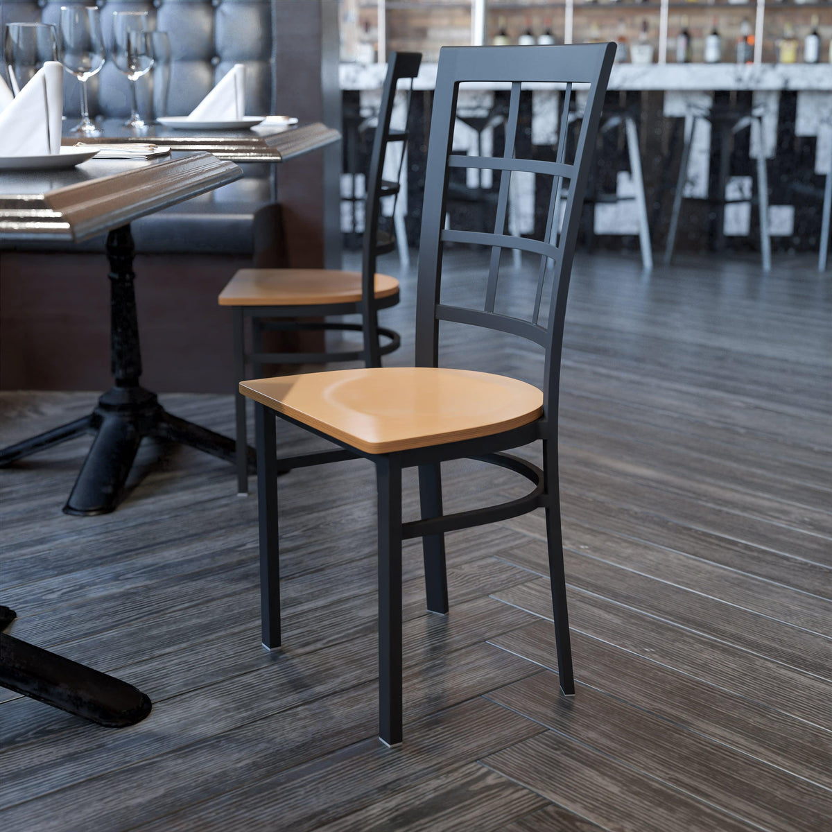 Natural Wood Seat/Black Metal Frame |#| Black Window Back Metal Restaurant Chair - Natural Wood Seat