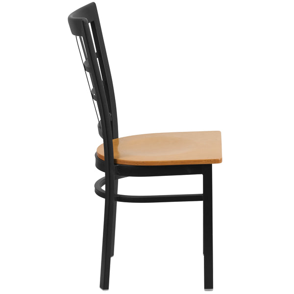 Natural Wood Seat/Black Metal Frame |#| Black Window Back Metal Restaurant Chair - Natural Wood Seat