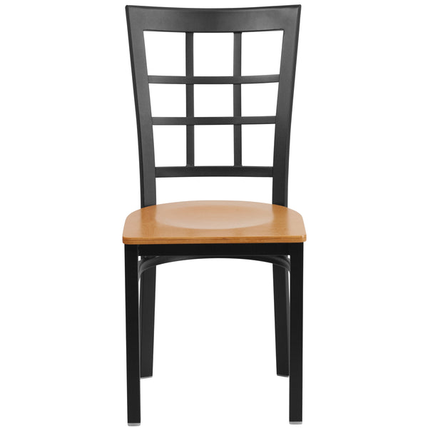 Natural Wood Seat/Black Metal Frame |#| Black Window Back Metal Restaurant Chair - Natural Wood Seat