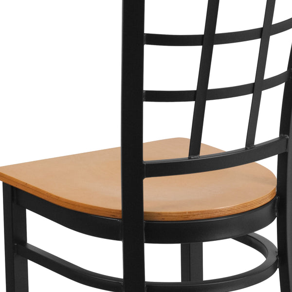 Natural Wood Seat/Black Metal Frame |#| Black Window Back Metal Restaurant Chair - Natural Wood Seat