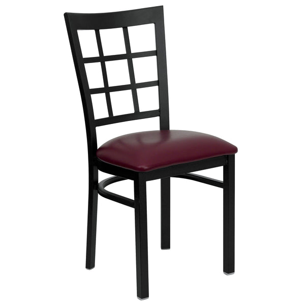 Burgundy Vinyl Seat/Black Metal Frame |#| Black Window Back Metal Restaurant Chair - Burgundy Vinyl Seat