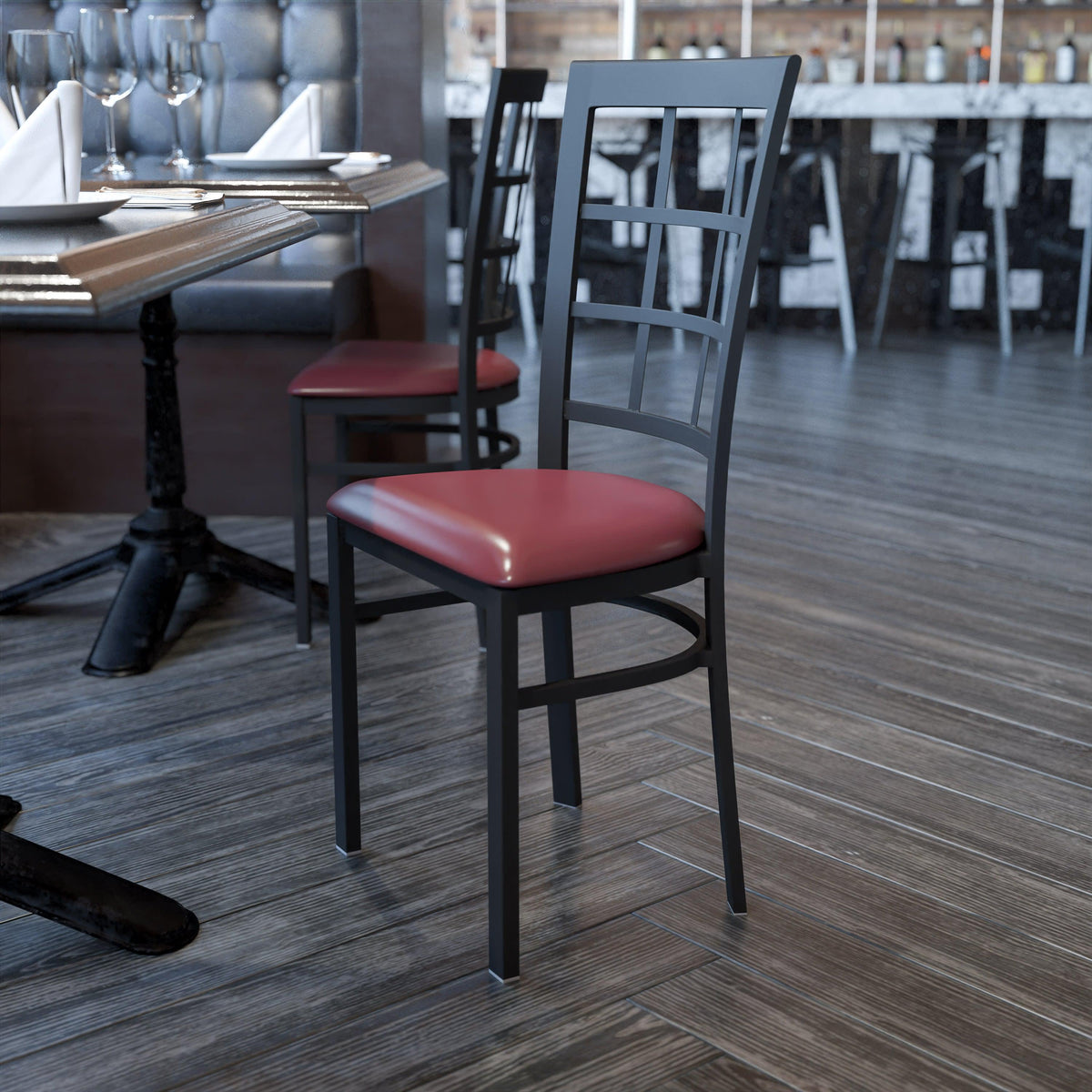 Burgundy Vinyl Seat/Black Metal Frame |#| Black Window Back Metal Restaurant Chair - Burgundy Vinyl Seat