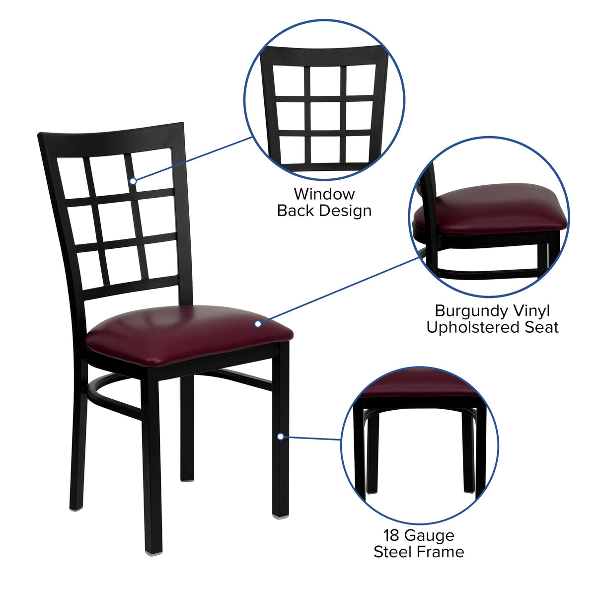 Burgundy Vinyl Seat/Black Metal Frame |#| Black Window Back Metal Restaurant Chair - Burgundy Vinyl Seat