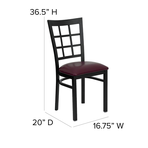 Burgundy Vinyl Seat/Black Metal Frame |#| Black Window Back Metal Restaurant Chair - Burgundy Vinyl Seat