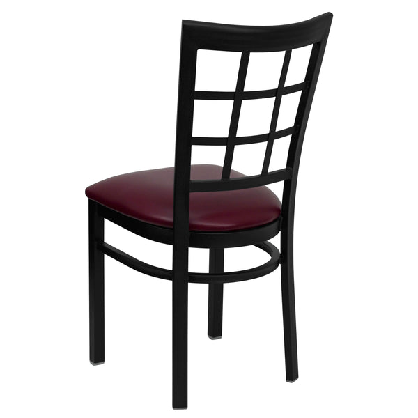 Burgundy Vinyl Seat/Black Metal Frame |#| Black Window Back Metal Restaurant Chair - Burgundy Vinyl Seat