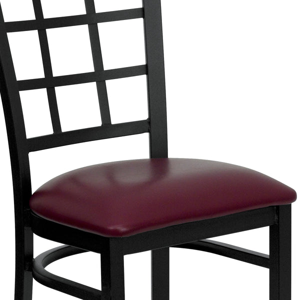 Burgundy Vinyl Seat/Black Metal Frame |#| Black Window Back Metal Restaurant Chair - Burgundy Vinyl Seat