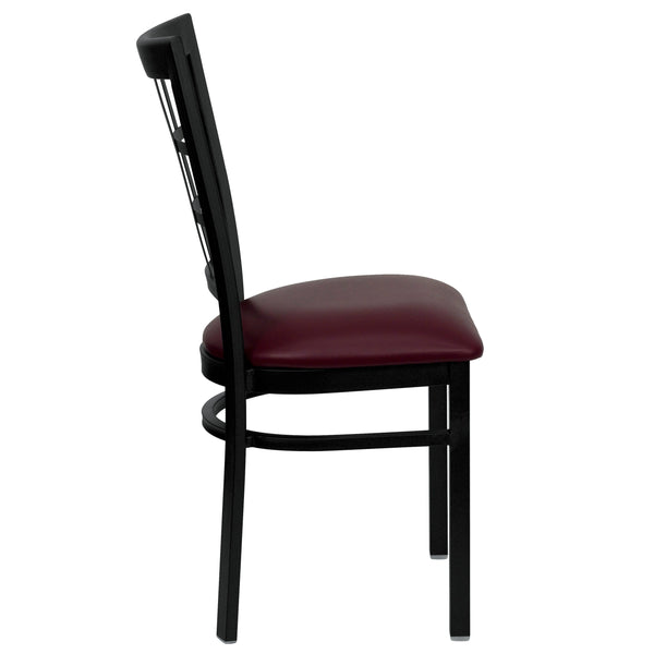 Burgundy Vinyl Seat/Black Metal Frame |#| Black Window Back Metal Restaurant Chair - Burgundy Vinyl Seat