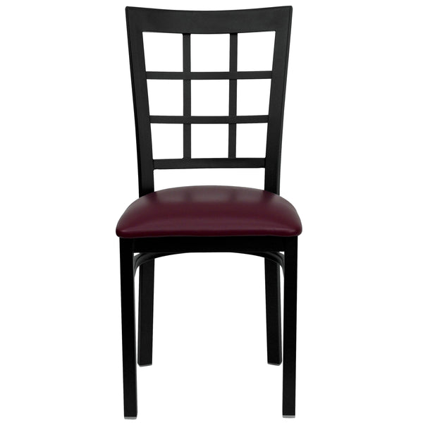 Burgundy Vinyl Seat/Black Metal Frame |#| Black Window Back Metal Restaurant Chair - Burgundy Vinyl Seat