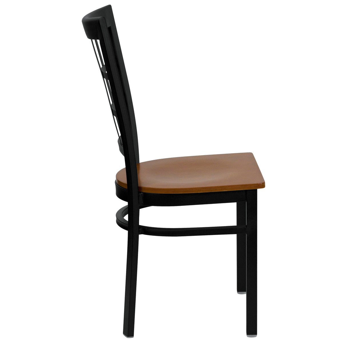 Cherry Wood Seat/Black Metal Frame |#| Black Window Back Metal Restaurant Chair - Cherry Wood Seat