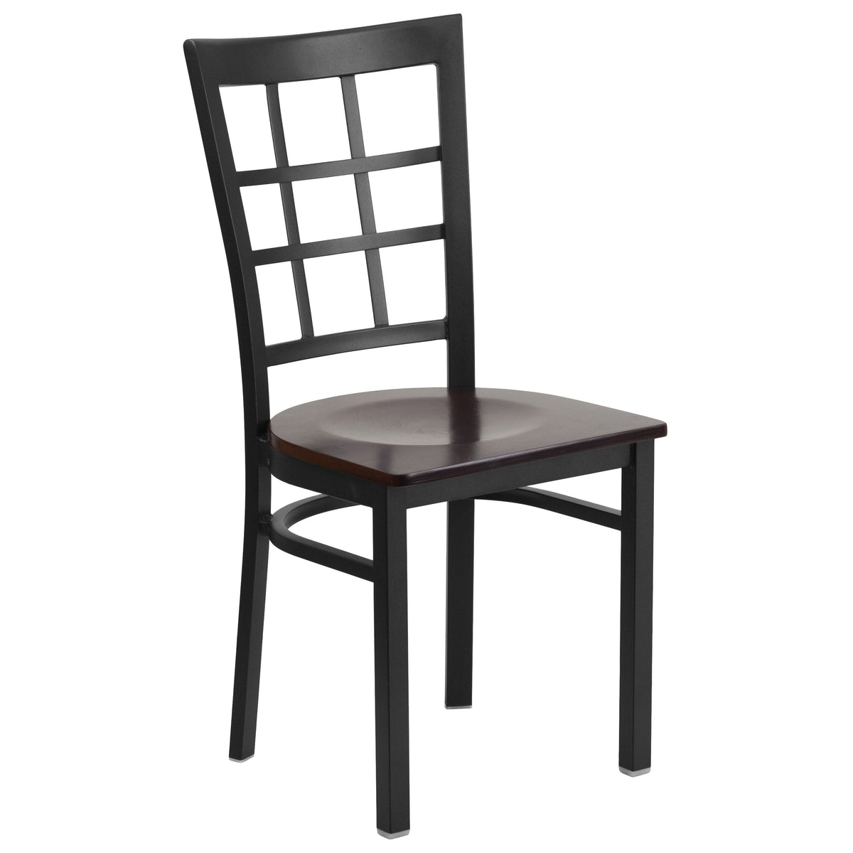 Walnut Wood Seat/Black Metal Frame |#| Black Window Back Metal Restaurant Chair - Walnut Wood Seat