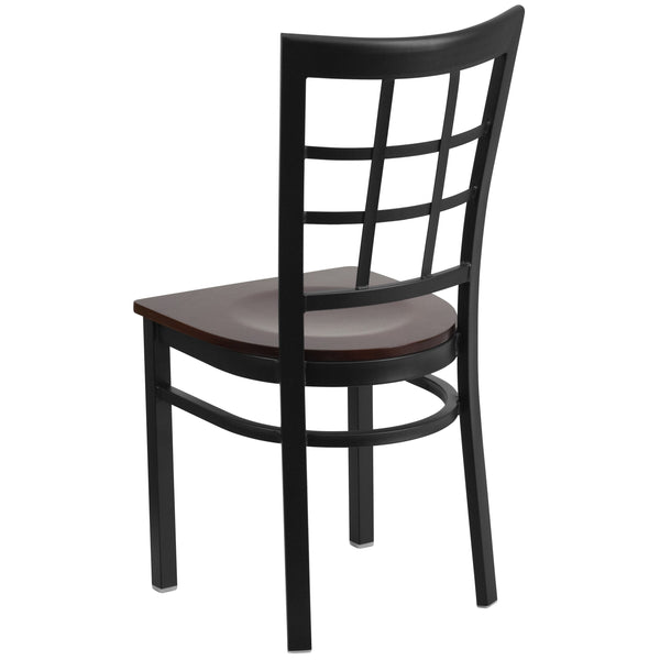 Walnut Wood Seat/Black Metal Frame |#| Black Window Back Metal Restaurant Chair - Walnut Wood Seat