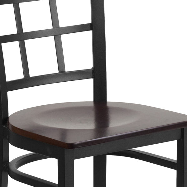 Walnut Wood Seat/Black Metal Frame |#| Black Window Back Metal Restaurant Chair - Walnut Wood Seat