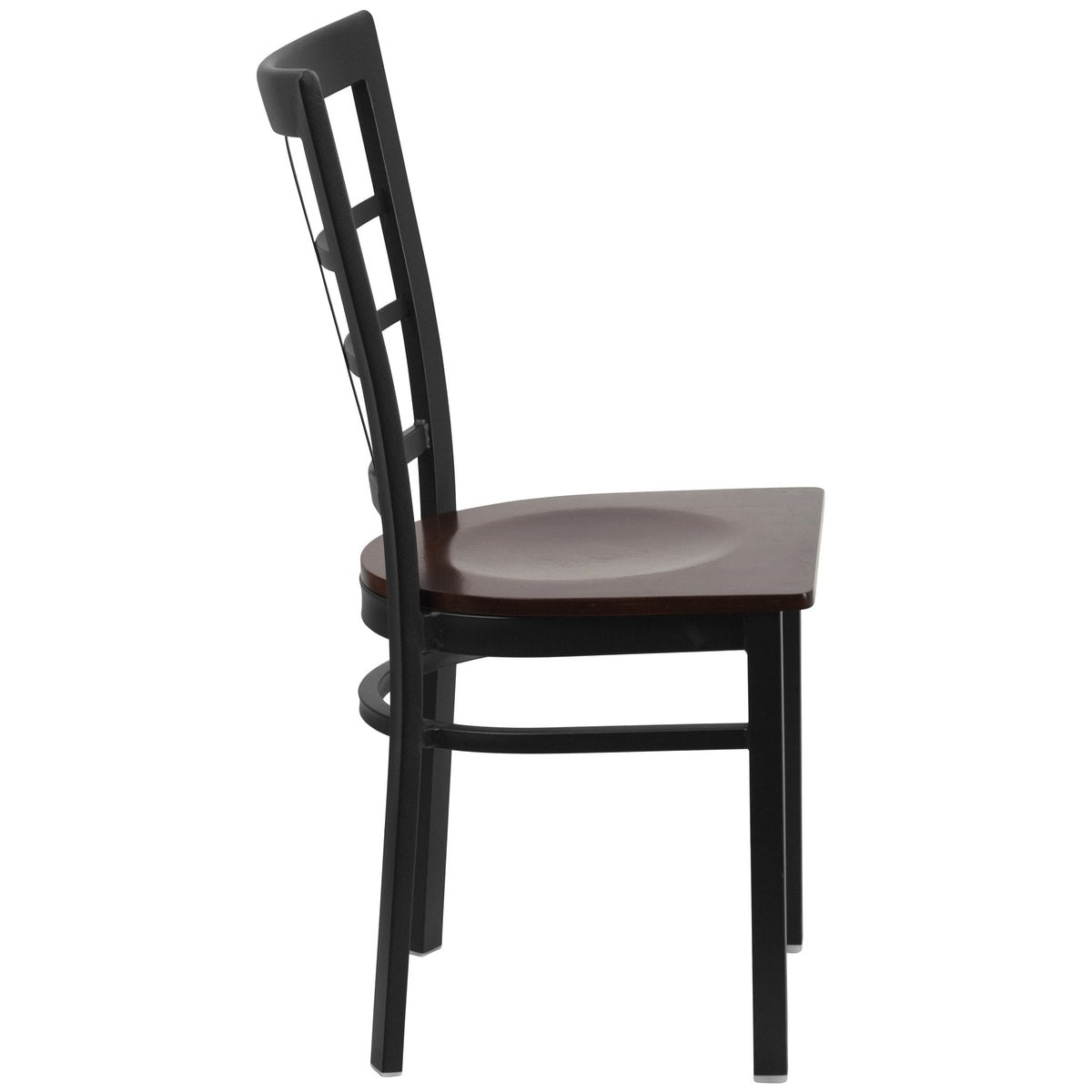 Walnut Wood Seat/Black Metal Frame |#| Black Window Back Metal Restaurant Chair - Walnut Wood Seat