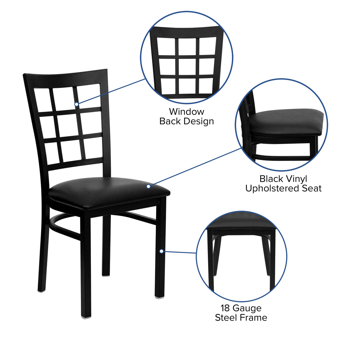 Black Vinyl Seat/Black Metal Frame |#| Black Window Back Metal Restaurant Chair - Black Vinyl Seat