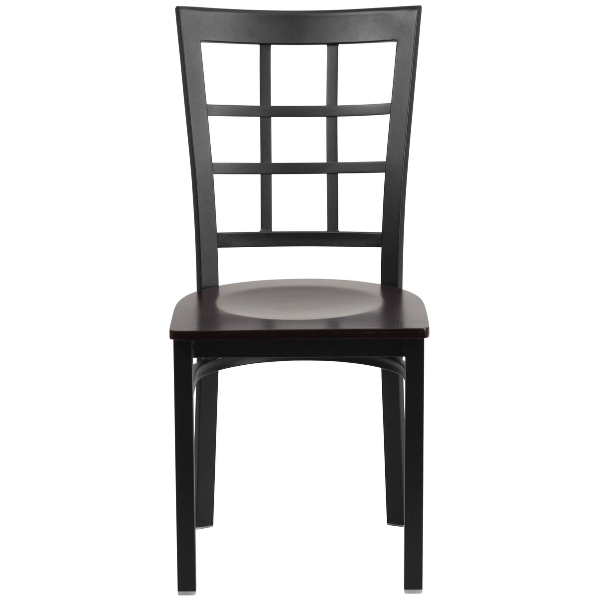 Walnut Wood Seat/Black Metal Frame |#| Black Window Back Metal Restaurant Chair - Walnut Wood Seat