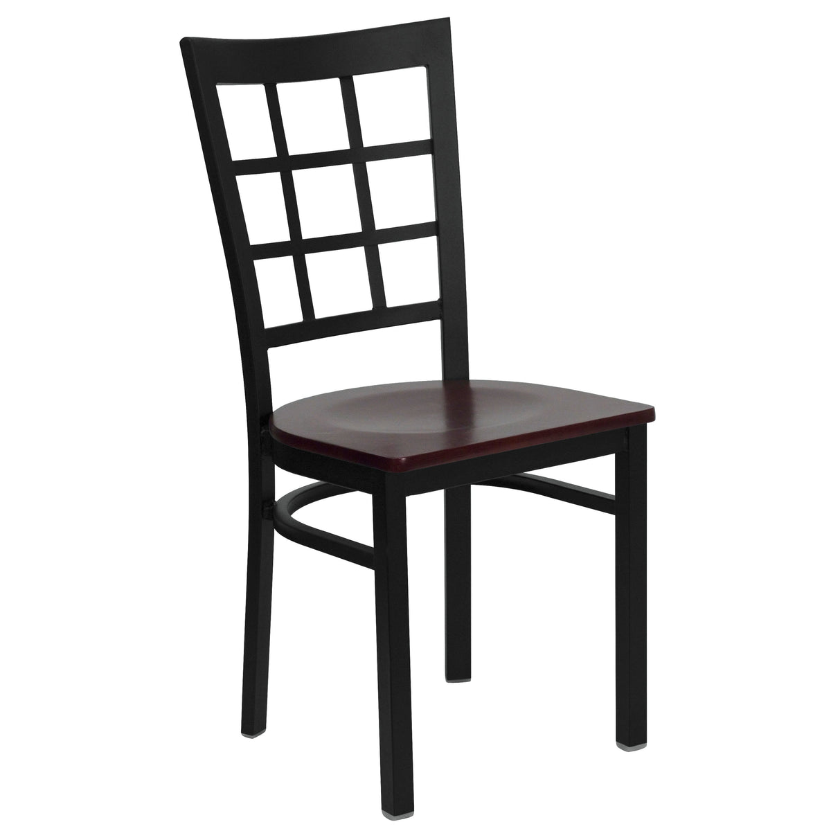 Mahogany Wood Seat/Black Metal Frame |#| Black Window Back Metal Restaurant Chair - Mahogany Wood Seat