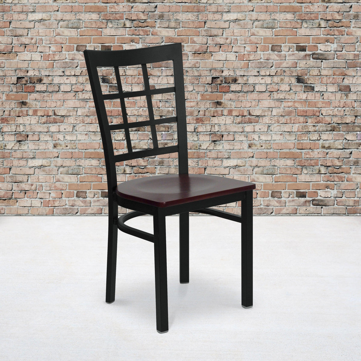 Mahogany Wood Seat/Black Metal Frame |#| Black Window Back Metal Restaurant Chair - Mahogany Wood Seat