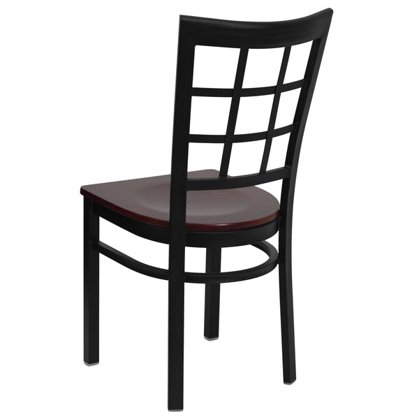 Mahogany Wood Seat/Black Metal Frame |#| Black Window Back Metal Restaurant Chair - Mahogany Wood Seat