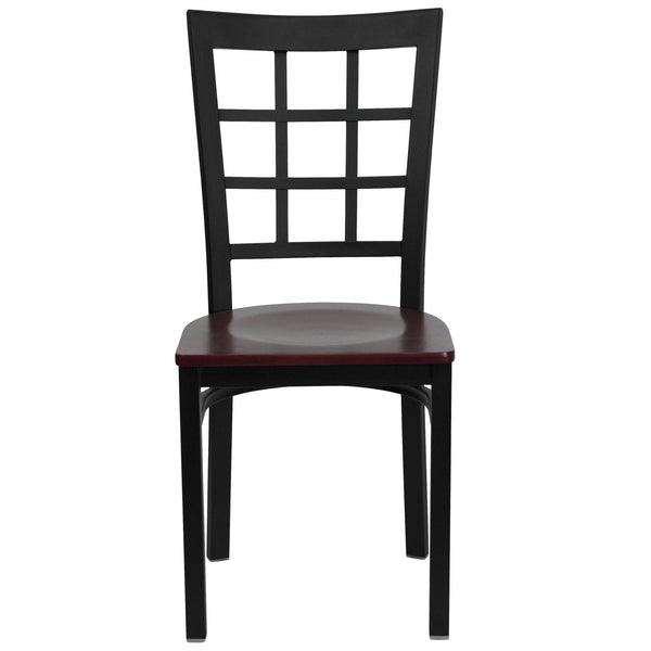 Mahogany Wood Seat/Black Metal Frame |#| Black Window Back Metal Restaurant Chair - Mahogany Wood Seat