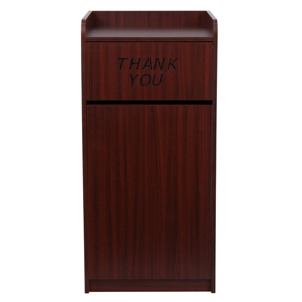 Mahogany |#| Wood Tray Top Receptacle in Mahogany - Commercial Grade Push Door Trash Can