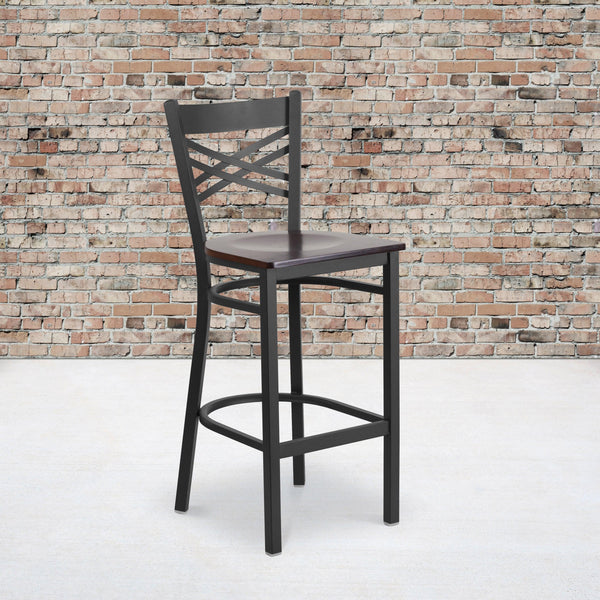 Walnut Wood Seat/Black Metal Frame |#| Black inchXinch Back Metal Restaurant Barstool - Walnut Wood Seat