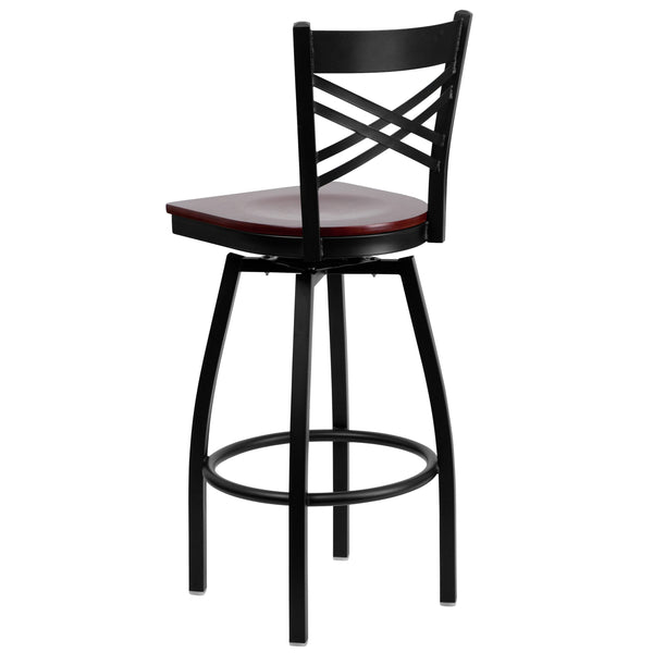 Mahogany Wood Seat/Black Metal Frame |#| Black inchXinch Back Swivel Metal Barstool - Mahogany Wood Seat