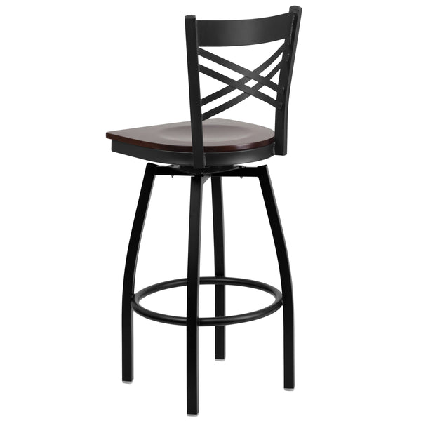 Walnut Wood Seat/Black Metal Frame |#| Black inchXinch Back Swivel Metal Barstool - Walnut Wood Seat