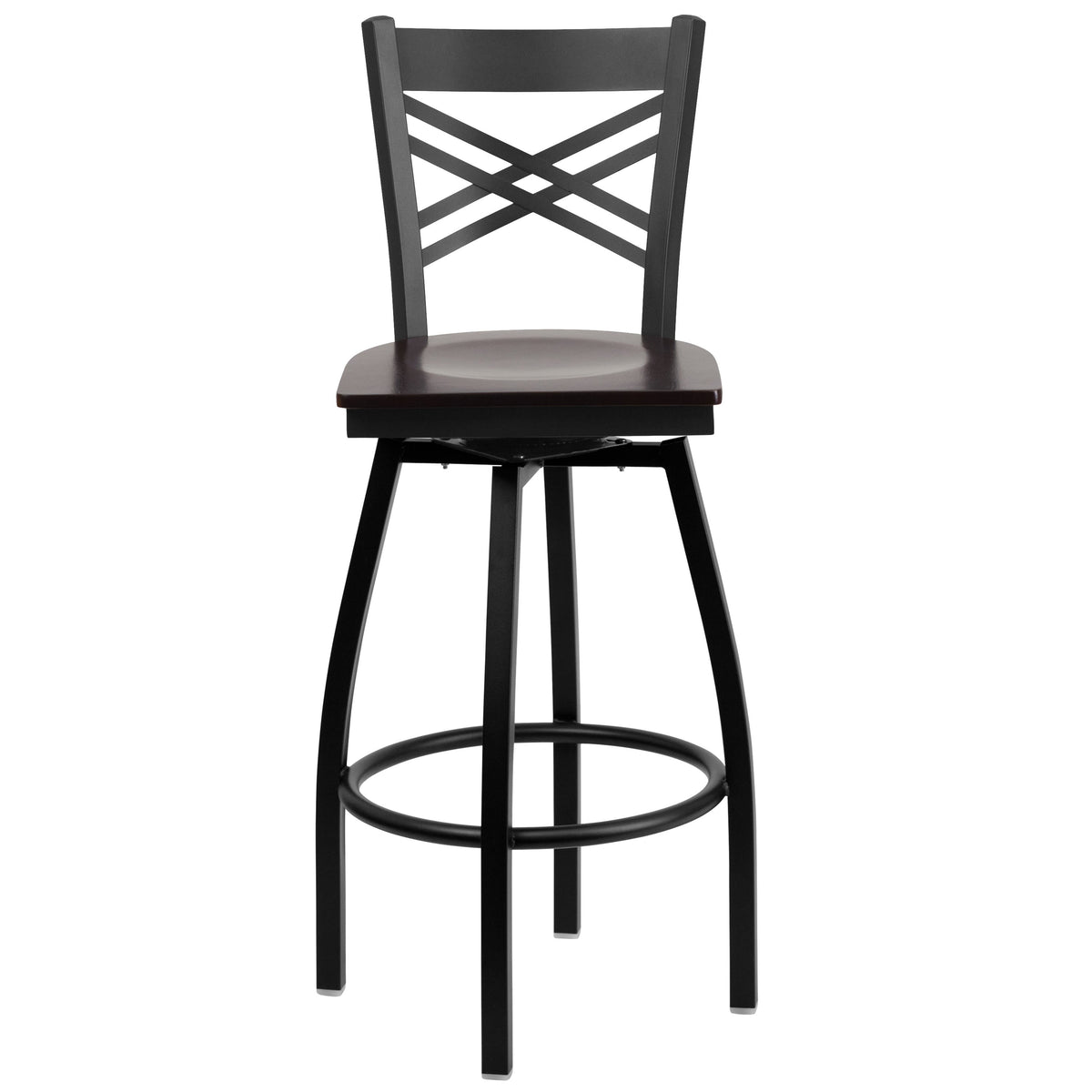 Walnut Wood Seat/Black Metal Frame |#| Black inchXinch Back Swivel Metal Barstool - Walnut Wood Seat