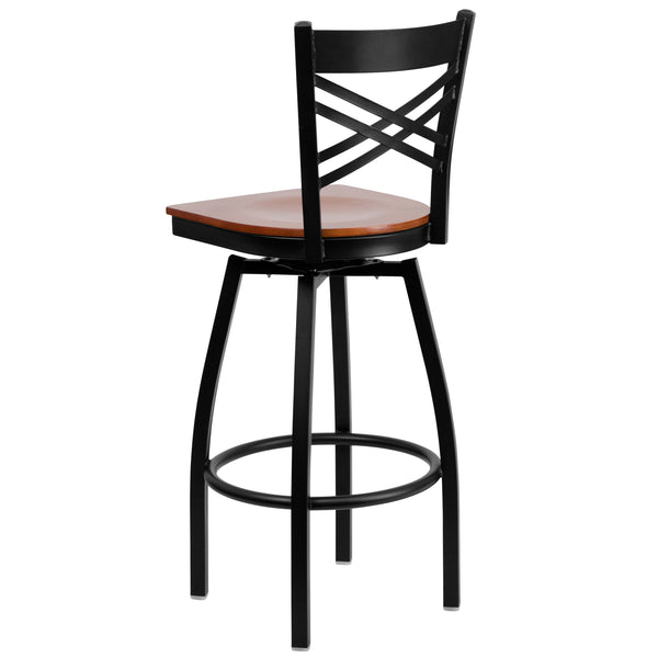 Cherry Wood Seat/Black Metal Frame |#| Black inchXinch Back Swivel Metal Barstool - Cherry Wood Seat