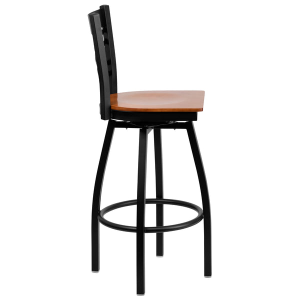 Cherry Wood Seat/Black Metal Frame |#| Black inchXinch Back Swivel Metal Barstool - Cherry Wood Seat